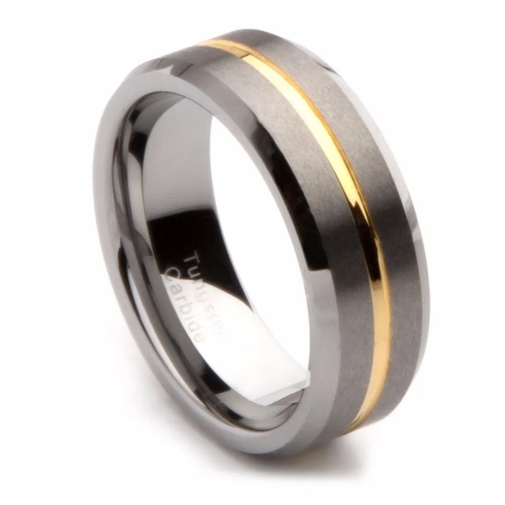 8MM Gold Color Tungsten Carbide Rings For Men Comfort Fit Wedding Engagement Jewelry Brushed Center Finish 