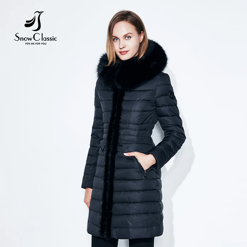 SnowClassic Winter Long Women's Cotton Down Jacket Теплая ветровка Меховой воротник Slim Hat Модный