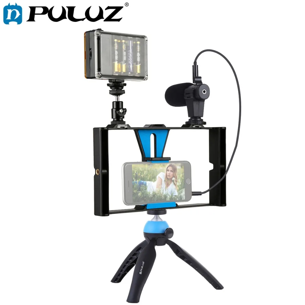 PULUZ смартфон видео установка+ светодиодный студийный светильник+ видео микрофон+ Мини штатив комплекты с холодным башмаком Штативная головка для iPhone