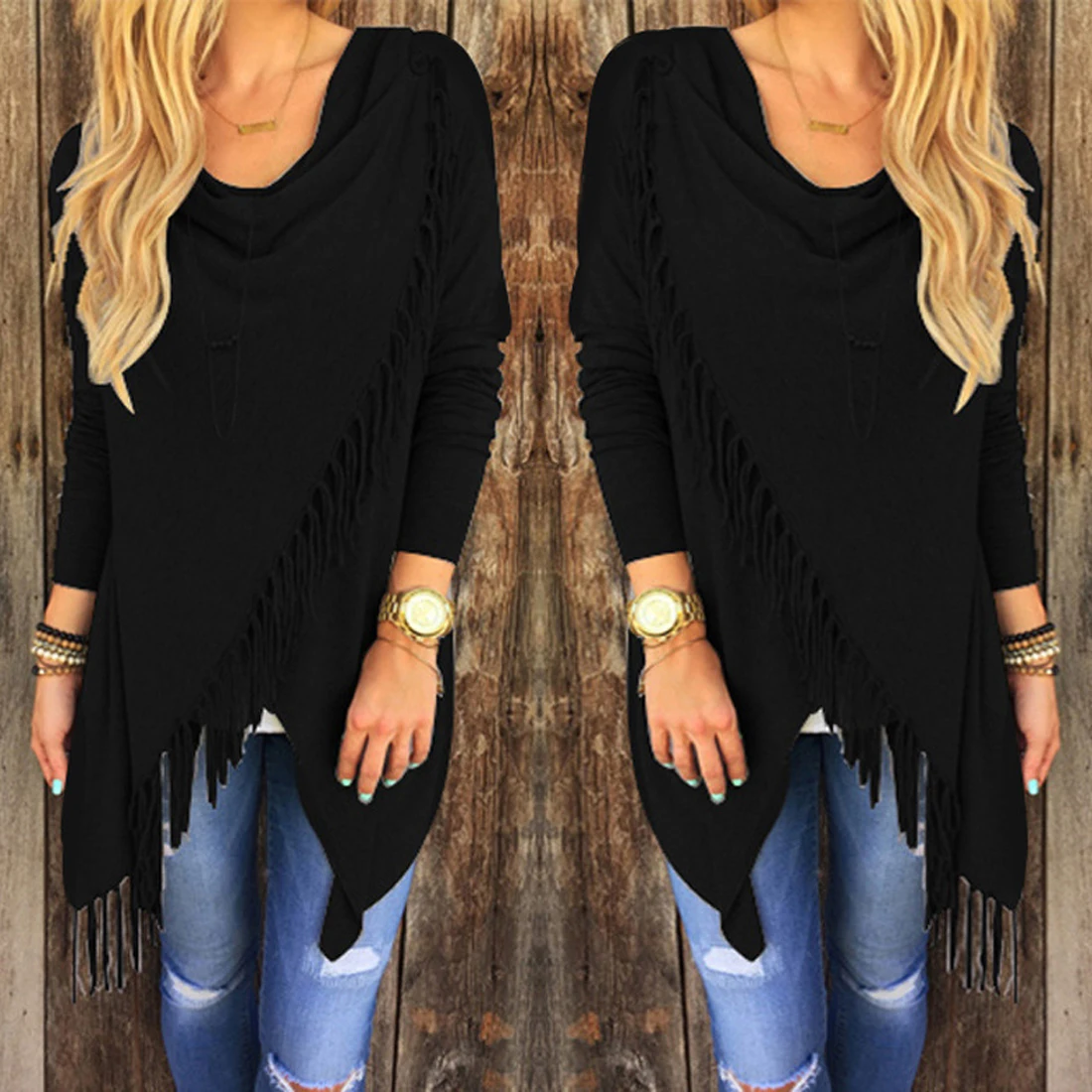 Comprar Bufanda cuello borlas Patchwork Cardigans irregulares mujer manga larga de talla grande Vintage Poncho suéter 2017 primavera otoño prendas de vestir