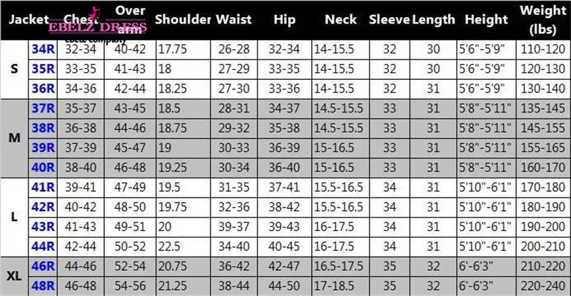 Mens Suit Size Chart Italian