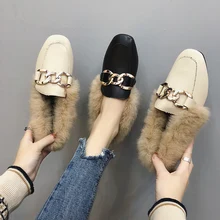Кожаные зимние лоферы на плоской подошве с металлическими цепочками; женская обувь; зимние теплые туфли без задника; обувь на меху знаменитостей; обувь на плоской толстой резиновой подошве; Мягкие Мокасины на каблуке; mujer