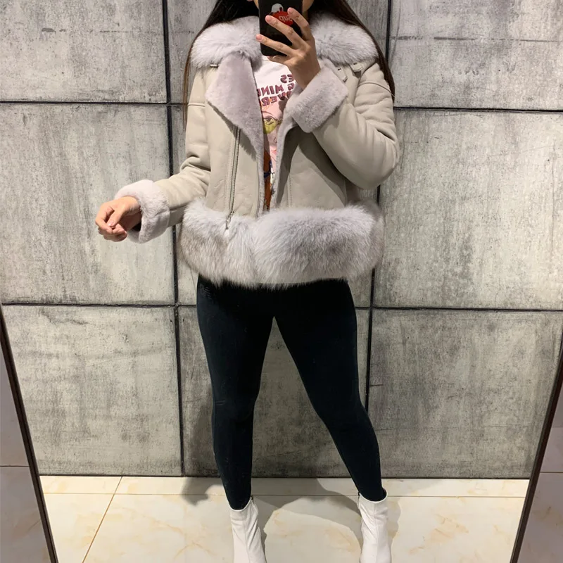

lady genuine sheep leather with fur short jacket 100% real lambskin jacket