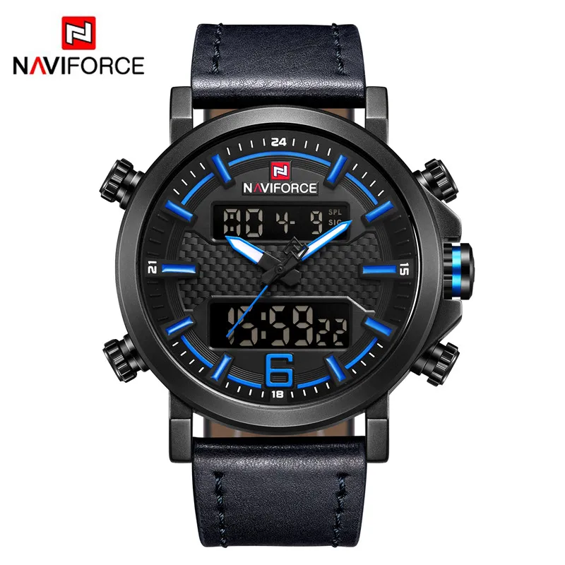 Мужские часы от роскошного бренда, мужские кожаные спортивные часы NAVIFORCE, кварцевые светодиодный цифровые часы, водонепроницаемые военные наручные часы 9134 - Цвет: NA913501