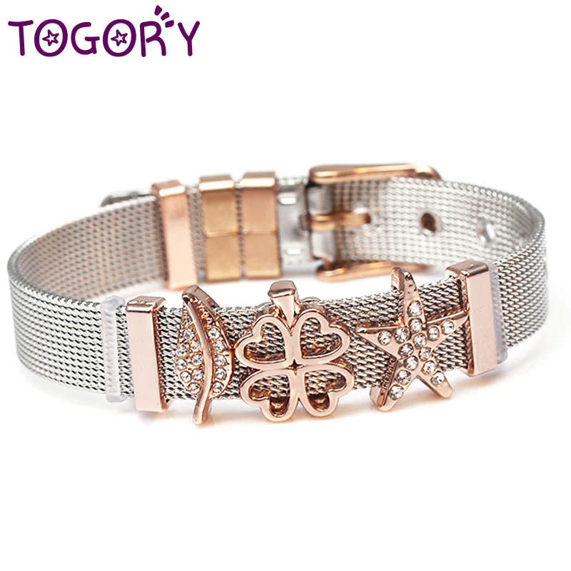 

TOGORY Stainless Steel DIY Customized Two-Tone Mesh Bracelets Bangles Women Starfish Charm Brand Bracelet For Wom Jewelry Gift