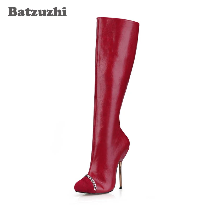

Batzuzhi-12.4cm Sexy Iron Heels Boots Women Red/Blue Leather Women Boots Knee-High Sexy Women Long Boots Party/Runway, Pluz Size
