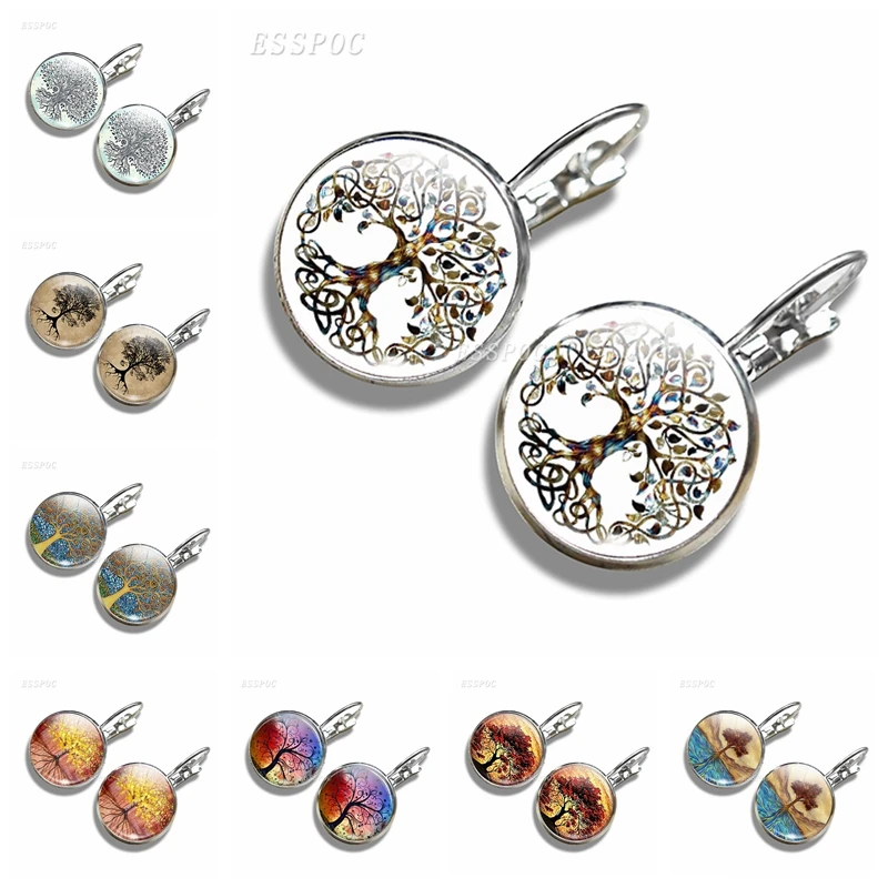 

Tree of Life Earrings Art Designed Life Tree Series Glass Cabochon Silver Plated Hoop Earrings Women Handmade Girlfriends Gift