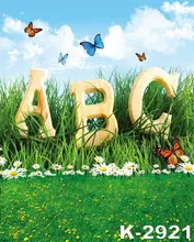 Blue Sky White Clouds Photo Digital Backgrounds ABC In Green Lawns White Flowers Butterfly Decor 150X200cm Studio Backdrops