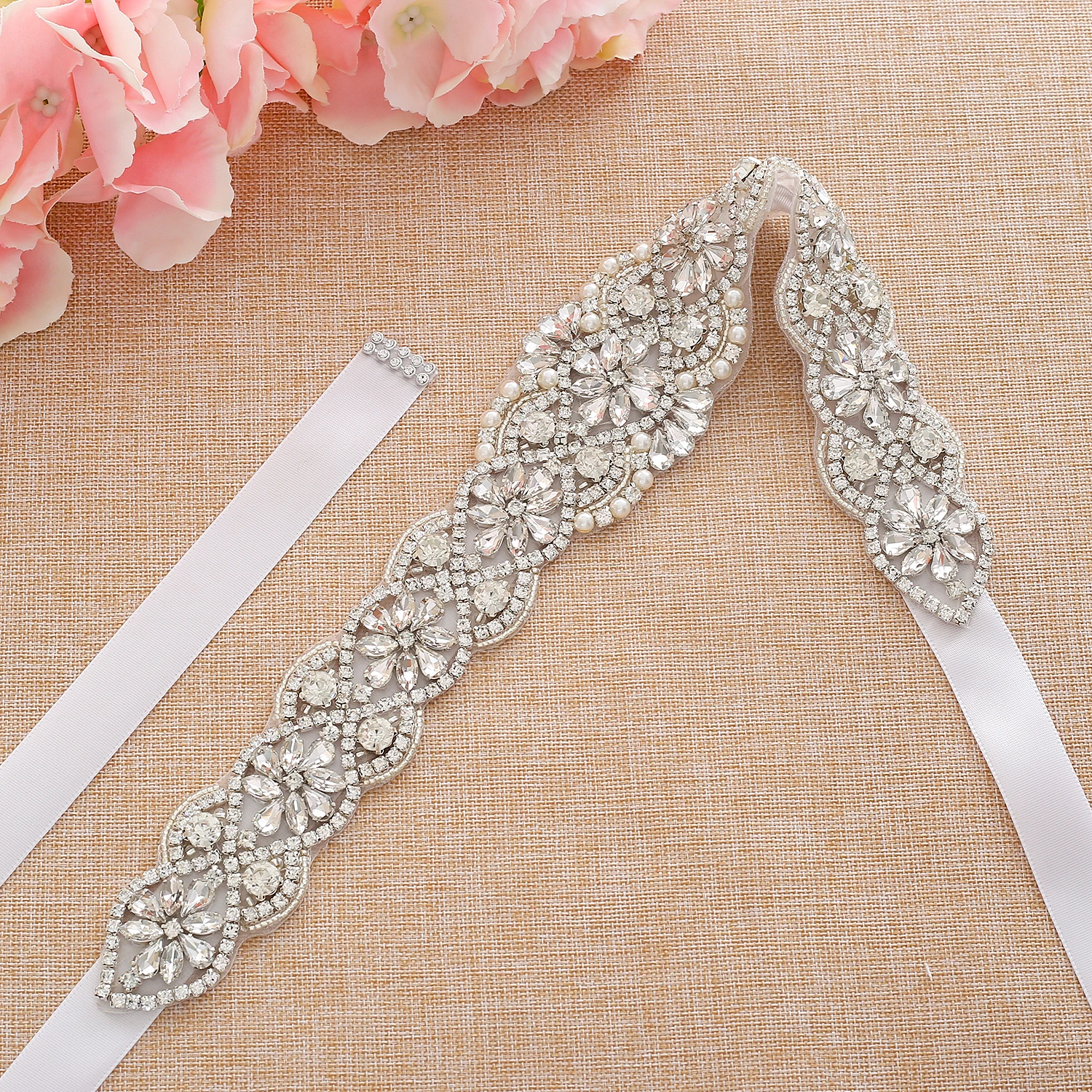 SESTHFAR – ceinture de mariée à fleurs pour filles, faite à la main avec strass en argent, pour robe de soirée