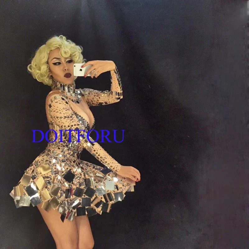 Shining Silver Mirrors Stone Dress Female Singer Dancer Bright Bodysuit Costume One-piece Nightclub Dress Oufit Party Dresses (5) copy