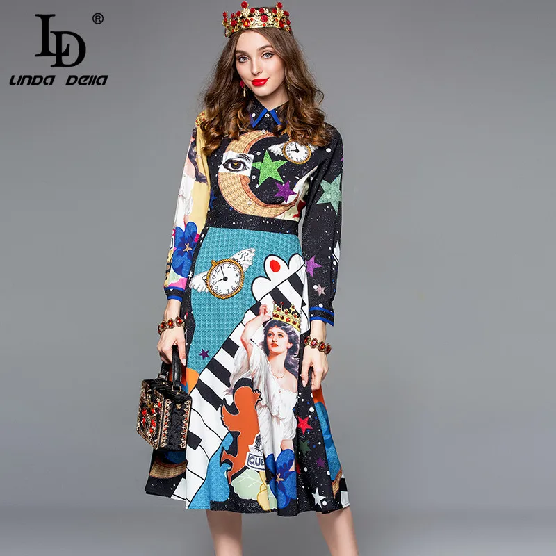 Женское облегающее платье LD LINDA DELLA, осеннее платье с длинным рукавом, цветное платье средней длины, с принтом