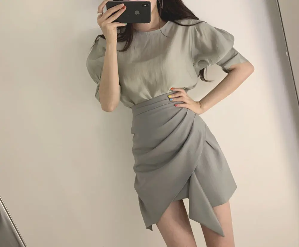 2019 Летний Новый халат femme Свободный дикий короткий рукав шифоновое платье с круглым вырезом рубашка + необычное слово сплошной цвет
