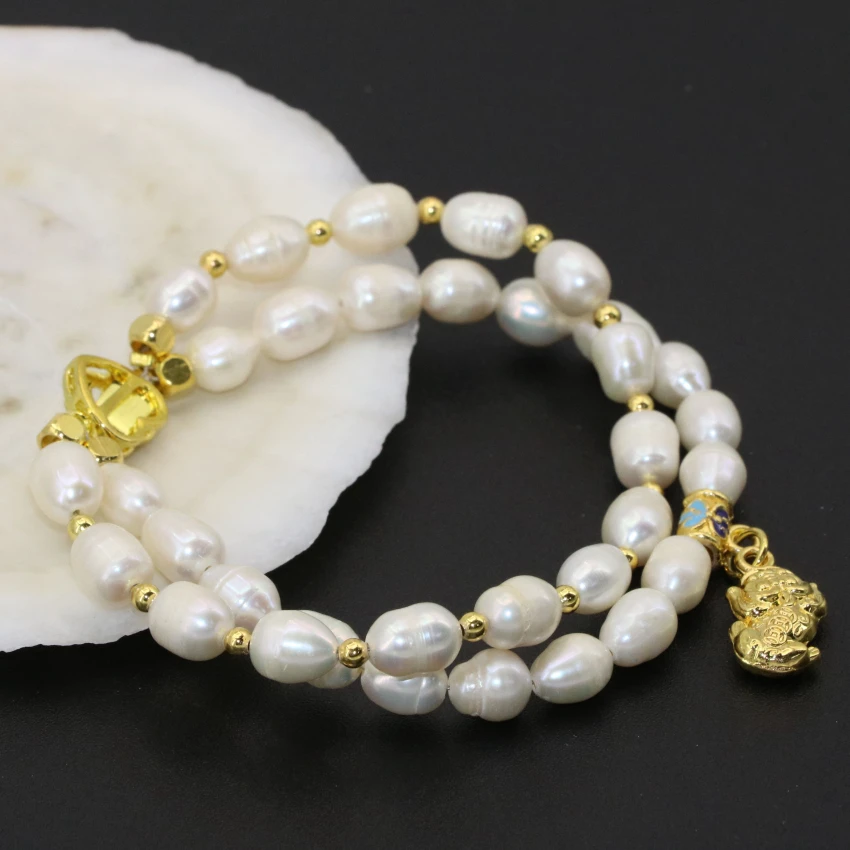 

Original design charms 7-8mm white natural freshwater cultured barrel rice pearl two rows clasp bracelets jewelry 8inch B2759