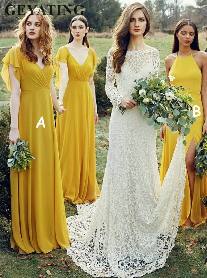 Золотисто-желтое шифоновое платье подружки невесты с шляпа с оборками рукава v-образным вырезом длинное вечернее платье для свадьбы