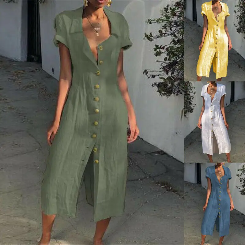 

Women Summer Lapel Button Party Evening Beach Dresses Long Maxi Dress Sundress 2019 New