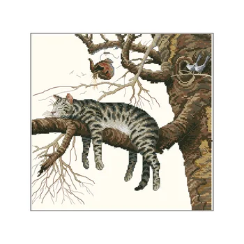 

New Arrival Home Decoration Needlecrafts Cross Stitch Kits Cat on Tree Too Pooped Animal Cartoon European Embroidery Set