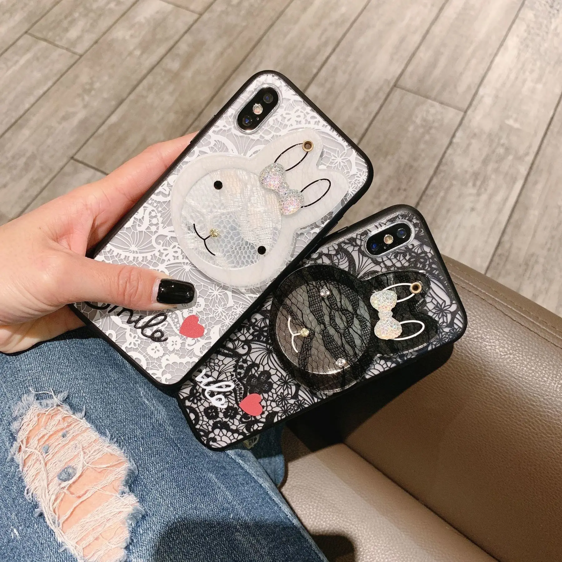 Lace Makeup Mirror Phone Case For Iphone 7 Case Iphone XR XS Max 8 6S Plus Cute Rabbit Luxury Brand Shell Back Cover For Iphone