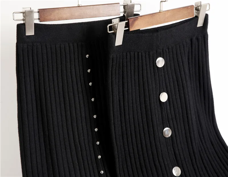Hirsionsan юбки женские Осень Зима Высокая талия элегантная юбка карандаш Bodycon юбки пуговицы черная вязаная юбка миди