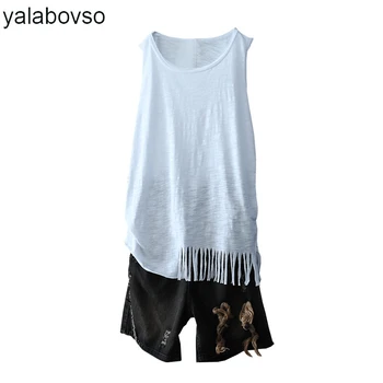 

Tassel Tank tops patchwork Casual Shirts O Neck Loose white color Tees Bamboo Cotton 2018 Summer Vest for woman A74-645641z20