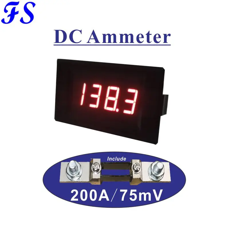 DC 200A светодиодный цифровой измеритель тока с шунтом AC Амперметр Панель 76*43*25 мм