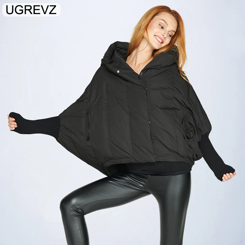 

UGREVZ 2018 New Winter Fashion Loose Short Women Coat Bat Sleeve Cloak Hooded Women Parkas Solid Color Wild Coat