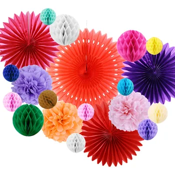 

20pcs Assorted Colors Paper Decoration Set Tissue Paper Fans Honeycomb Balls Pom Pom Wedding Shower Birthday Party Supplies