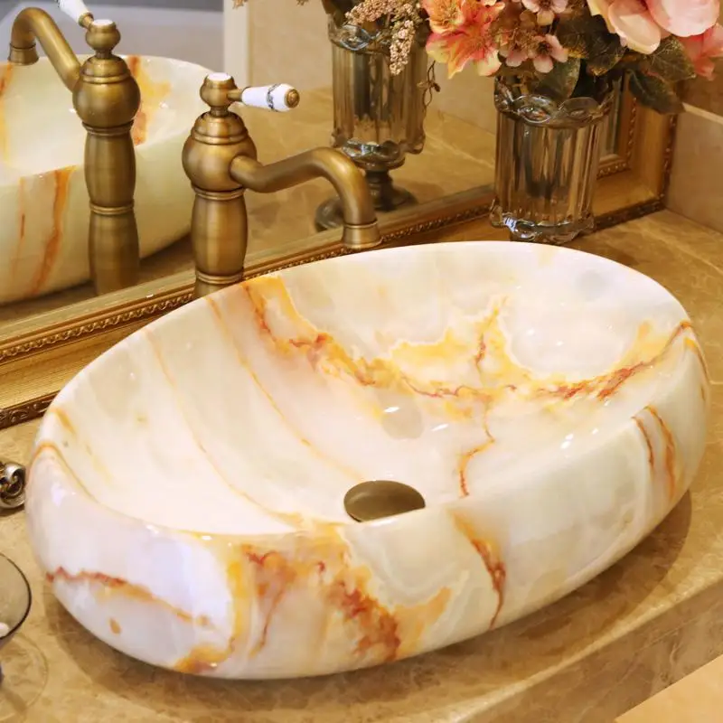 Овальная имитация мраморная керамика раковины-чаши столешница стеклянный умывальник, никелевый смеситель раковины vanity Китай стиральная раковина для ванной - Цвет: 3