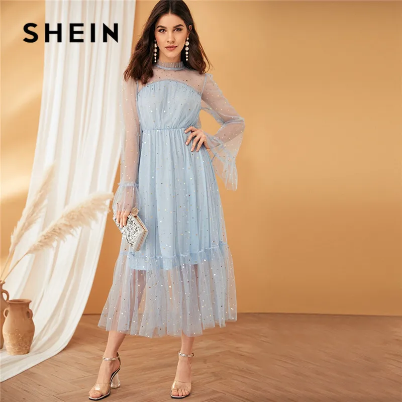 

SHEIN Blue Frilled Neck Bell Sleeve Star Mesh Overlay Lace Dress Women Romantic Stand Collar Summer Dress High Waist Party Dress