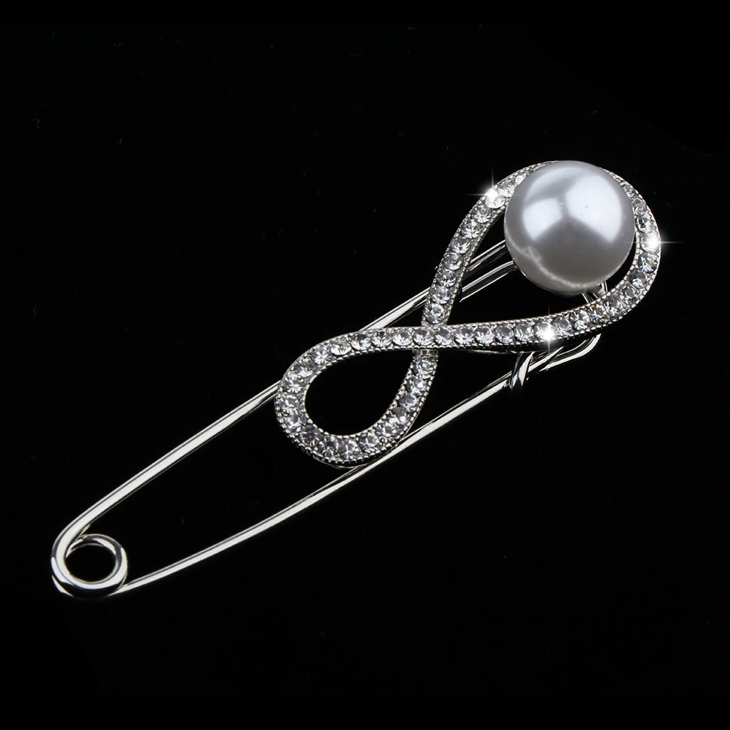 Rhinestone Crystal Faux Pearl Safety Pin Brooch Hijab Scarf Coat Gown