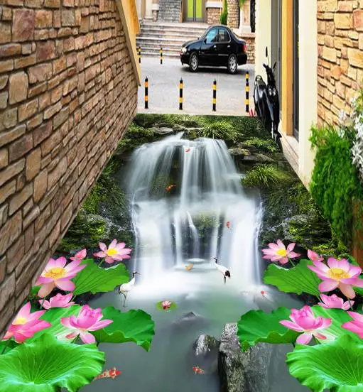 

photo wallpaper 3d flooring Waterfall Lotus carp wallpapers for living room pvc vinyl flooring