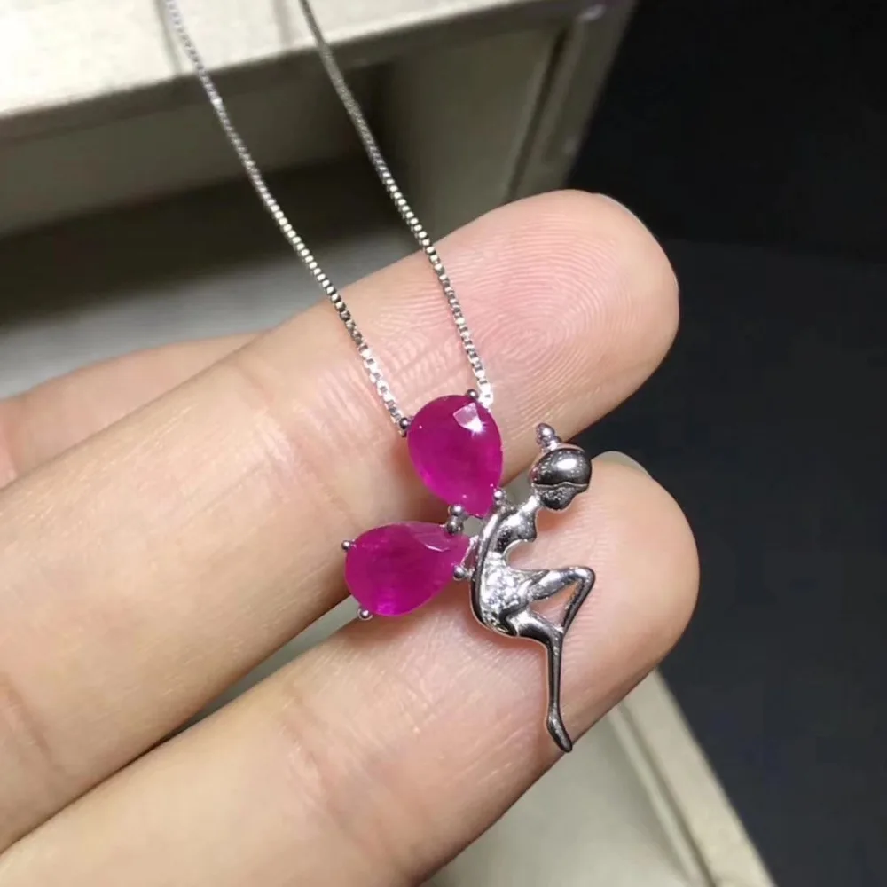 natural red ruby gem pendant S925 silver Natural gemstone Pendant Necklace trendy Fashion Angel wings women girl gift jewelry