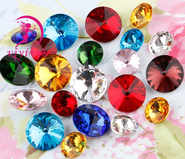 

100pcs/lot Mixed Colors 8mm,10mm,12mm,14mm,16mm,18mm,20mm Chinese Top Quality Round Fancy Stone Rivoli glass beads