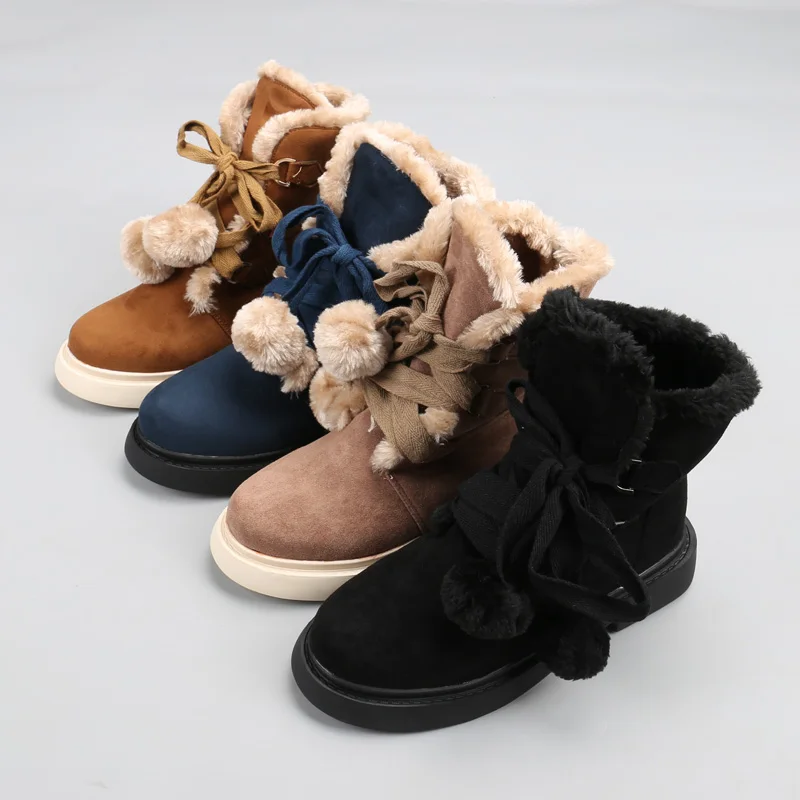 

MoBeiNi 2018 low heel velvet front with fur ball suede thick warm snow boots thick bottom women's booties ankle boots for women