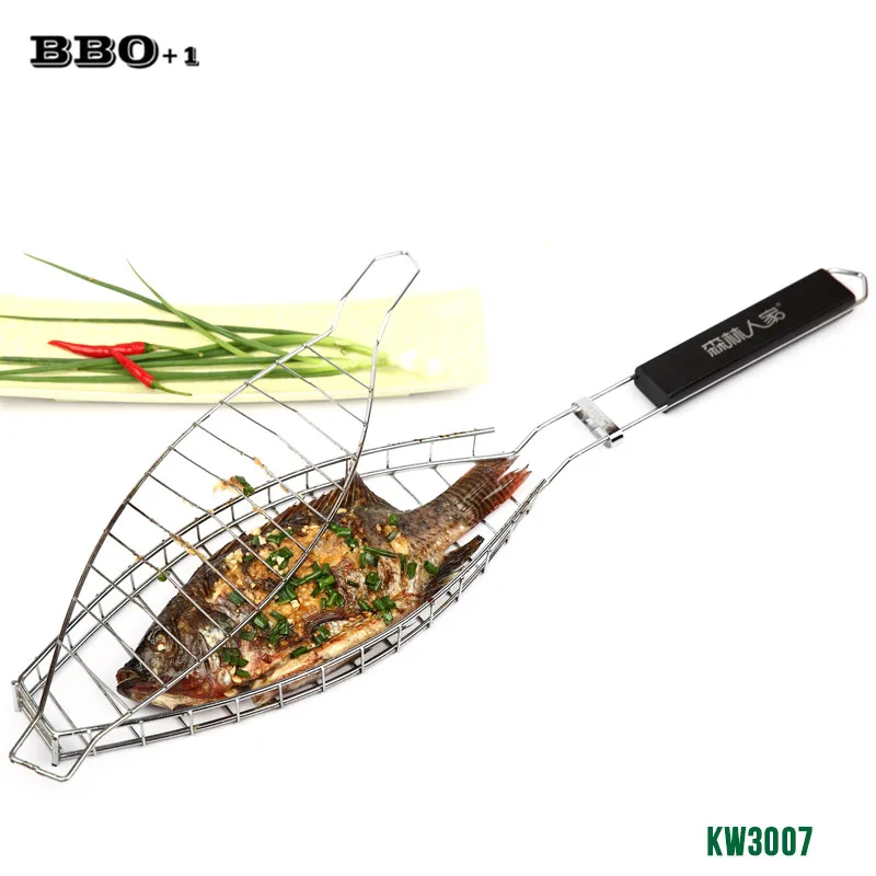 1 pc High Quality Durable One Fish Grilling Basket w/ Black Wood Handle