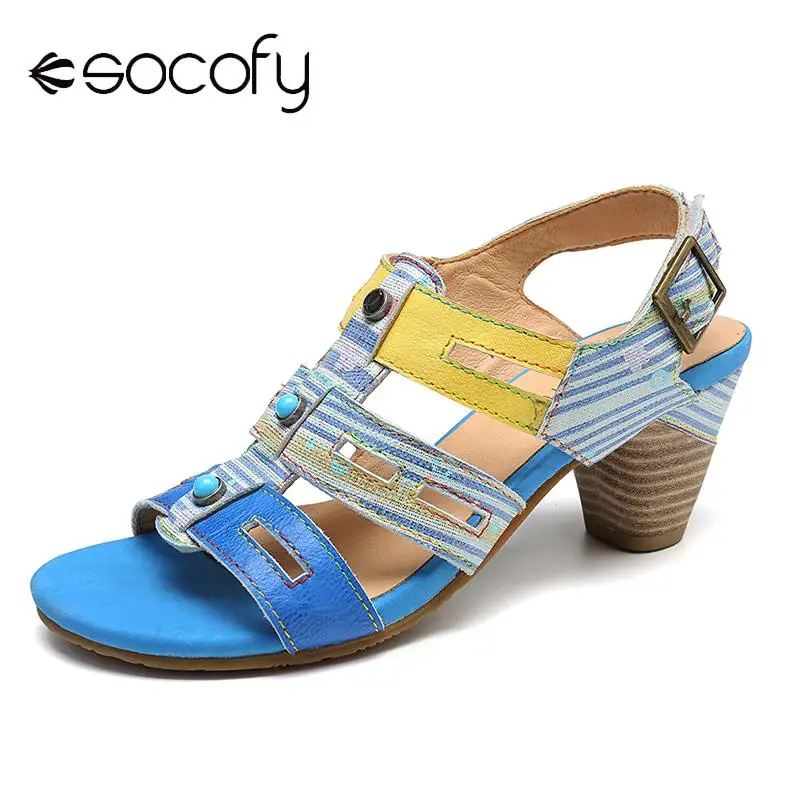 

SOCOFY Comfy Sandals Stripes Hollow Genuine Leather Splicing Hook Loop Low Heel Sandals Elegant Sandalias Mujer 2019