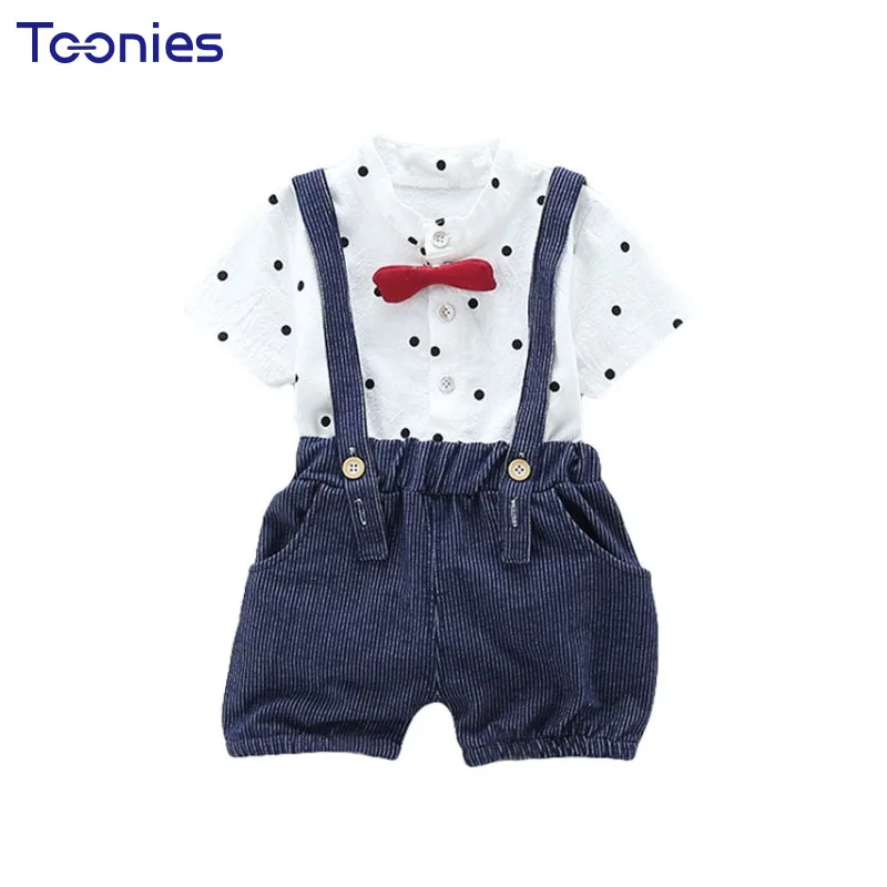 High Quality Fashion Boys Suits Stand Collar Shirts + Overall Cute Bow