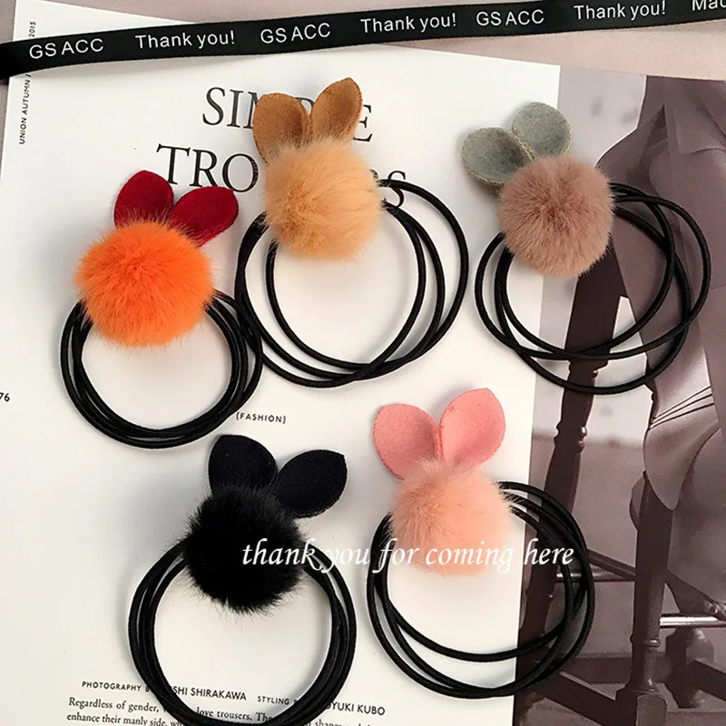 

Fashion Girls Cute Faux Rabbit Fur Pompom Ball Rabbit Ears Elastic Hair Bands Simple Fluffy Rope Bands Winter Warm Hair Ties