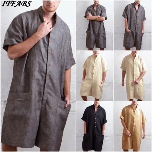 

Fashion Men One Piece Rompers Solid-color Half Sleeve Button Pockets Playsuit Male Summer Street Casual Playsuit Overalls M-XXL