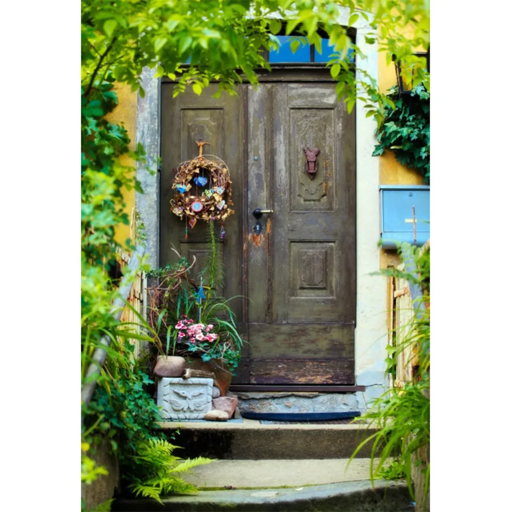 

Laeacco Spring Backdrops Green Vine Flower Wreath Old Door Porch Stairs Baby Child Scenic Photographic Backgrounds Photo Studio