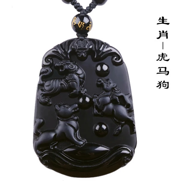 Natural Black Obsidian Three In One Zodiac Pendant Necklace Jewelry Fine Gemstone Jewelry For Man&Woman Gifts Drop Shipping Fine Jewelry