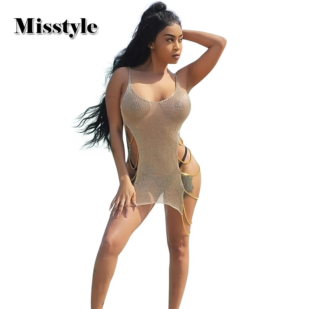 Misstyle 2018 летнее платье женское сексуальное с золотыми металлическими цепочками