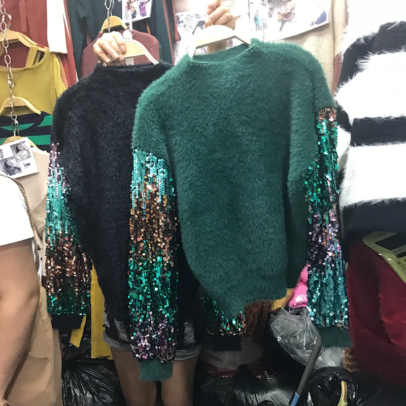 

Amolapha Women Mohair Sweaters Sequined Patchwork Sleeve Graceful Woman Casual Knitted Sweater Pullovers