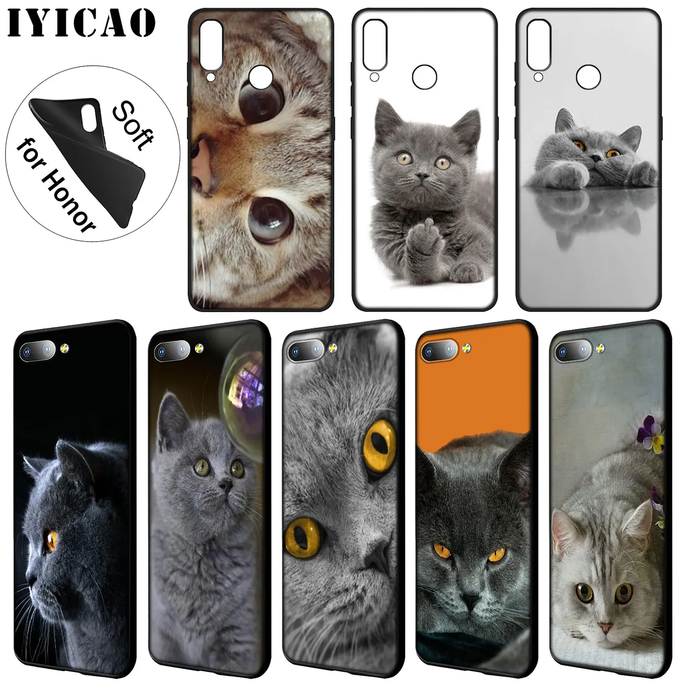 IYICAO British Shorthair cat Top Design Soft Case for Huawei Y9 Y7 Y6 Prime 2019 Honor 20 8C 8X 8 9 9X 10 Lite 7C 7X 7A Pro |