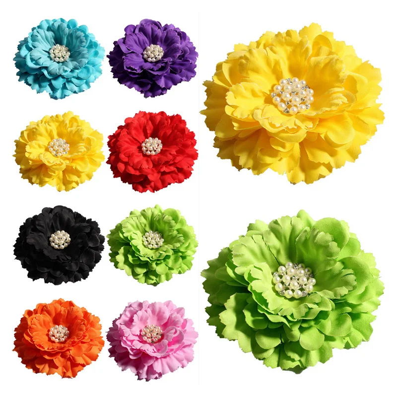 

30pcs/lot 11cm 20colors Peony Flowers + Rhinestone Pearl Buttons For Kids Girls Hair Accessories Fabric Flowers For Headbands