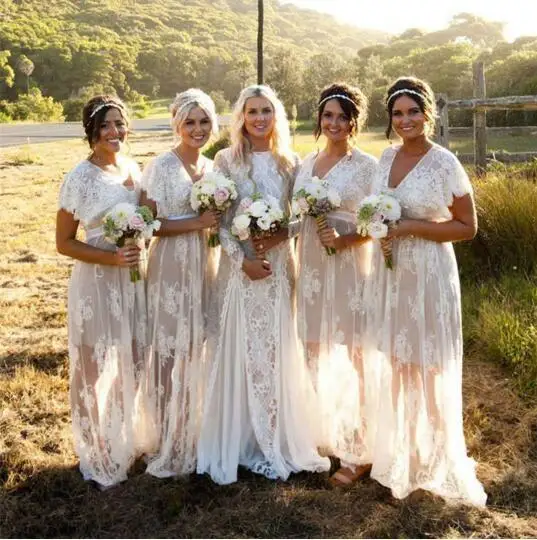 Plus Size Burgundy Country Bridesmaid Dresses Chiffon Long Sleeves Boho Gown