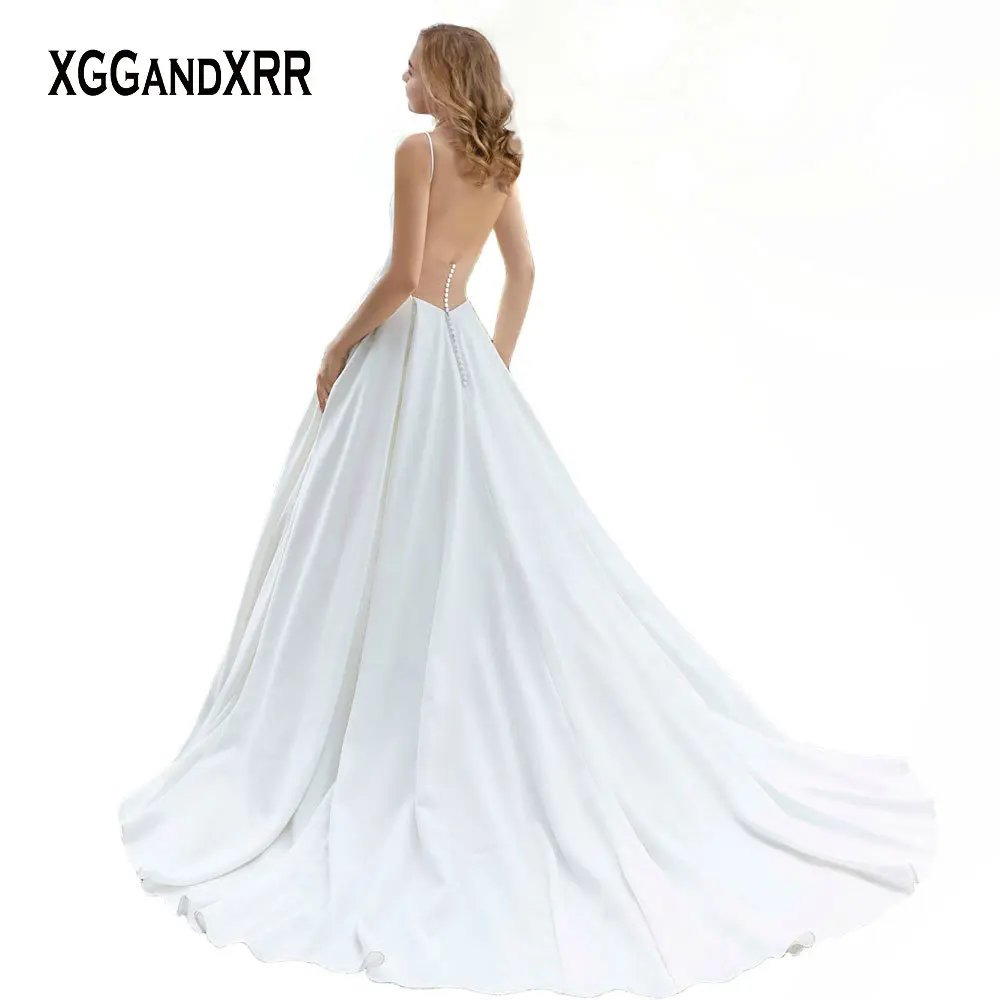 Элегантное Атласное Свадебное Платье С v-образным вырезом А-силуэта романтическое длинное свадебное платье с открытой спиной и пуговицами