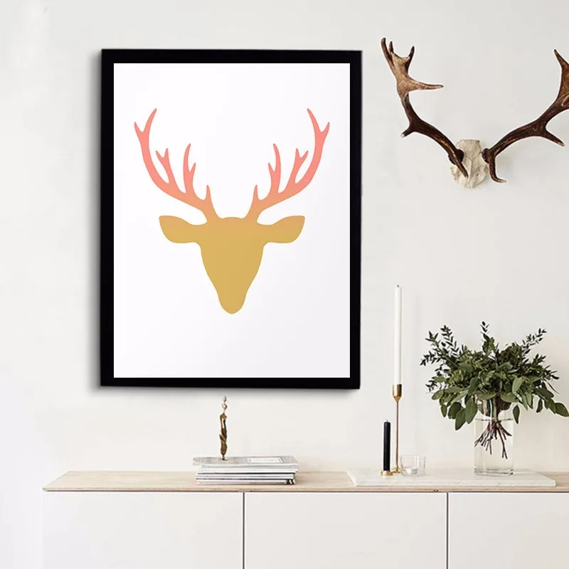 Pink Deer Print, Antlers Gold Pink Animal, Deer Head Poster, Baby Girl