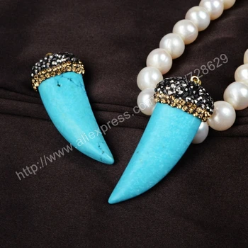 

BOROSA New! 5Pcs/lot Elephant's Tusk Shape Blue Blue Stone With Golden Zircon Pendant Beads Jewelry JAB106-1