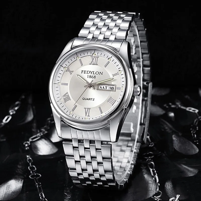 Steel White Мужские часы Relogio Masculino, FEDYLON, брендовые, деловые наручные часы, мужские часы с датой на день, мужские часы, модные, стильные мужские часы - Цвет: Steel White