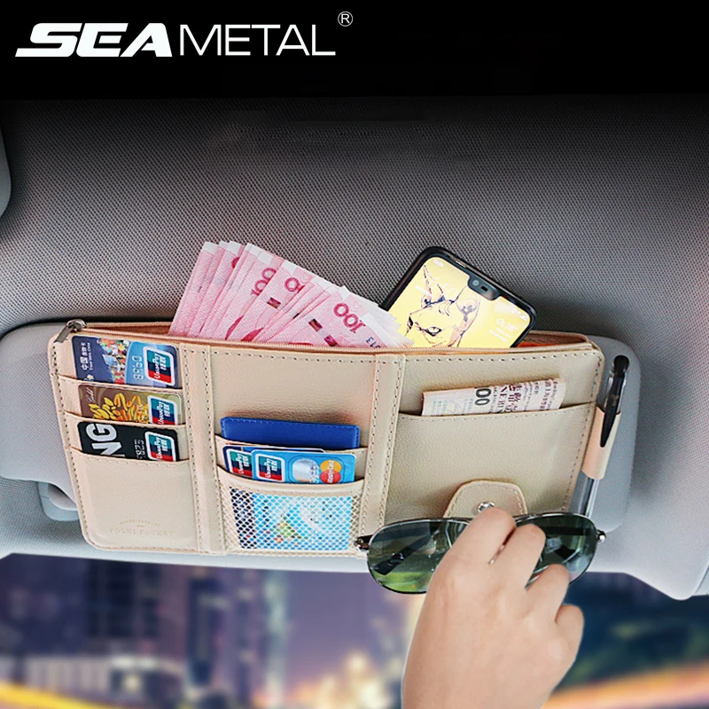 Car Organizer Sun Visor Auto Storage Bag Pu Leather Sunshade Bags Card